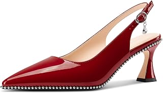 TNYNFBEB レディース キトンヒール ポインテッドトゥ パンプス ビーズ スリングバック スリッポン バックル プロム パーティードレス ベーシック クラシック パテントレザー 6.6cm ヒール