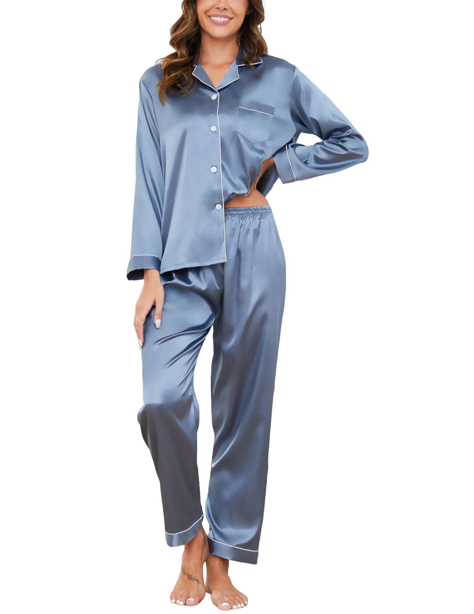 Women's Pyjama Sets Silk Satin Long Sleeve Button Down Ladies Pyjamas two Piece 