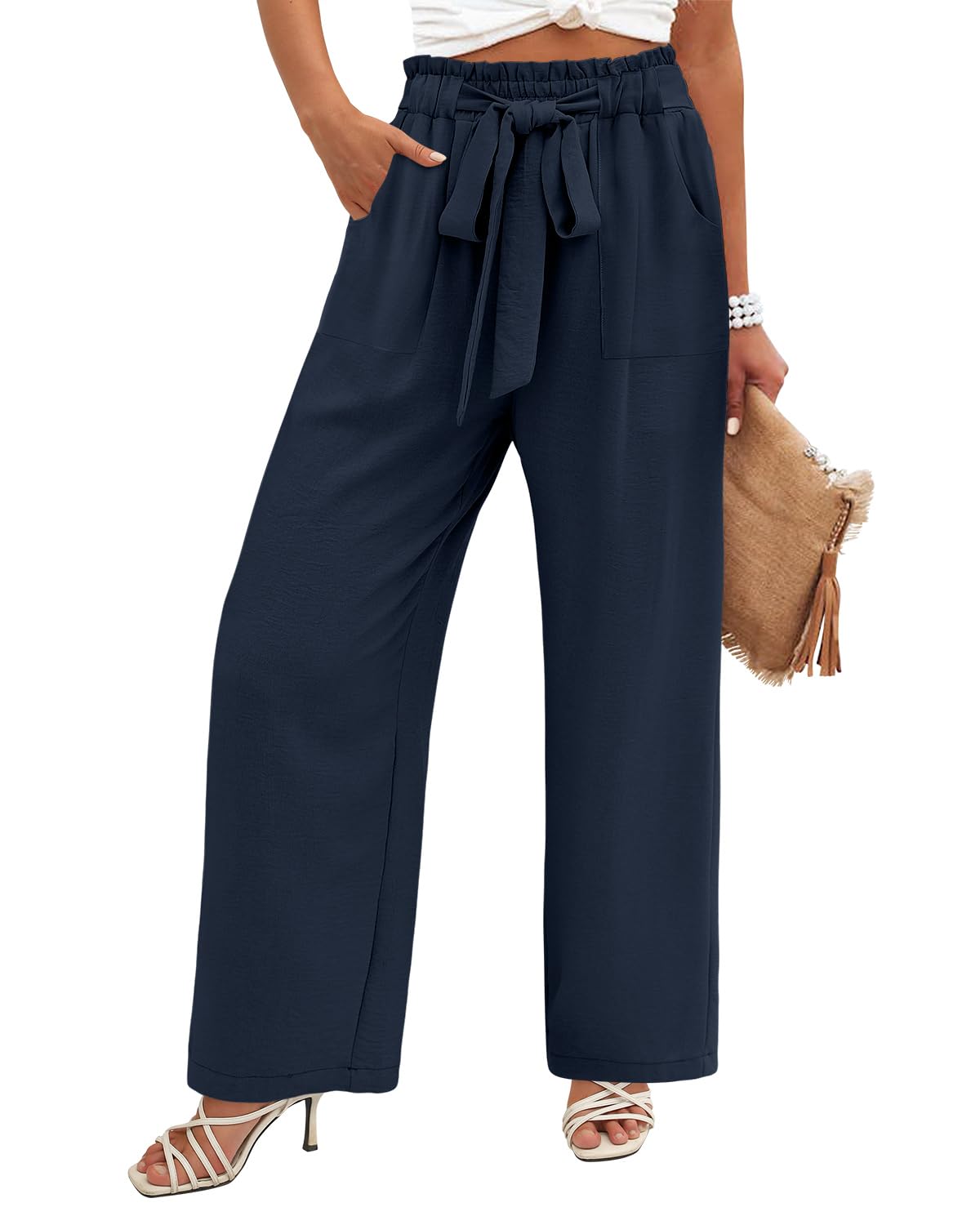 Angerella Womens Wide Leg Pants High Elastic Waist Adjustable Knot Casual Flowy 