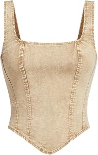 WDIRARA Women's Denim Corset Tank Top Crop Sleeveless Zip Up Back Tops