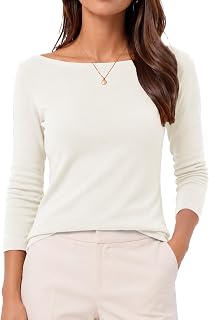 QUALFORT Womens Boat Neck 3/4 Sleeve T-Shirts Slim Fit