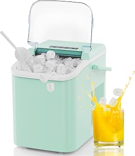 NEWBULIG Countertop Ice Maker Machine with Handle, Portable Ice Maker | Produces 9 Cubes in 6 Minutes, 26 lbs per 24 Hours, Includes Basket & Scoop, for Home Kitchen RV Camping Party, Green
