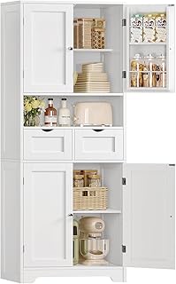 TEENFON 63.4" Pantry Cabinet, Storage Cabinet with 2 Drawers & 4 Door Shelves, Kitchen Pantry Cabinet with Adjustable Shelf, Food Pantry Cabinets, for Kitchen, Dining Room, Living Room, White