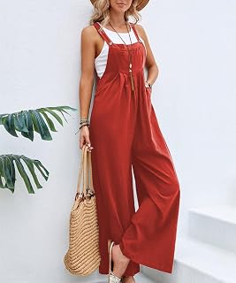 Women Casual Linen Jumpsuit with Adjustable Straps and Pockets
