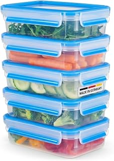 EMSA Clip & Close N10307 Food Storage Container, Meal Prep Set, 100% Leak-proof and Hygienic Freshness Seal, Dishwasher-, Microwave- and Freezer-Safe, 0.8 L, Transparent/Blue, 5-Piece Set