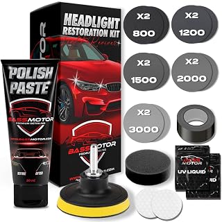 BassMotor Complete Kit for Polishing Dull and Worn Headlights for Car Restoration - Cleaning and Sanding Kit for Technical Inspection and Improving Visibility and Safety