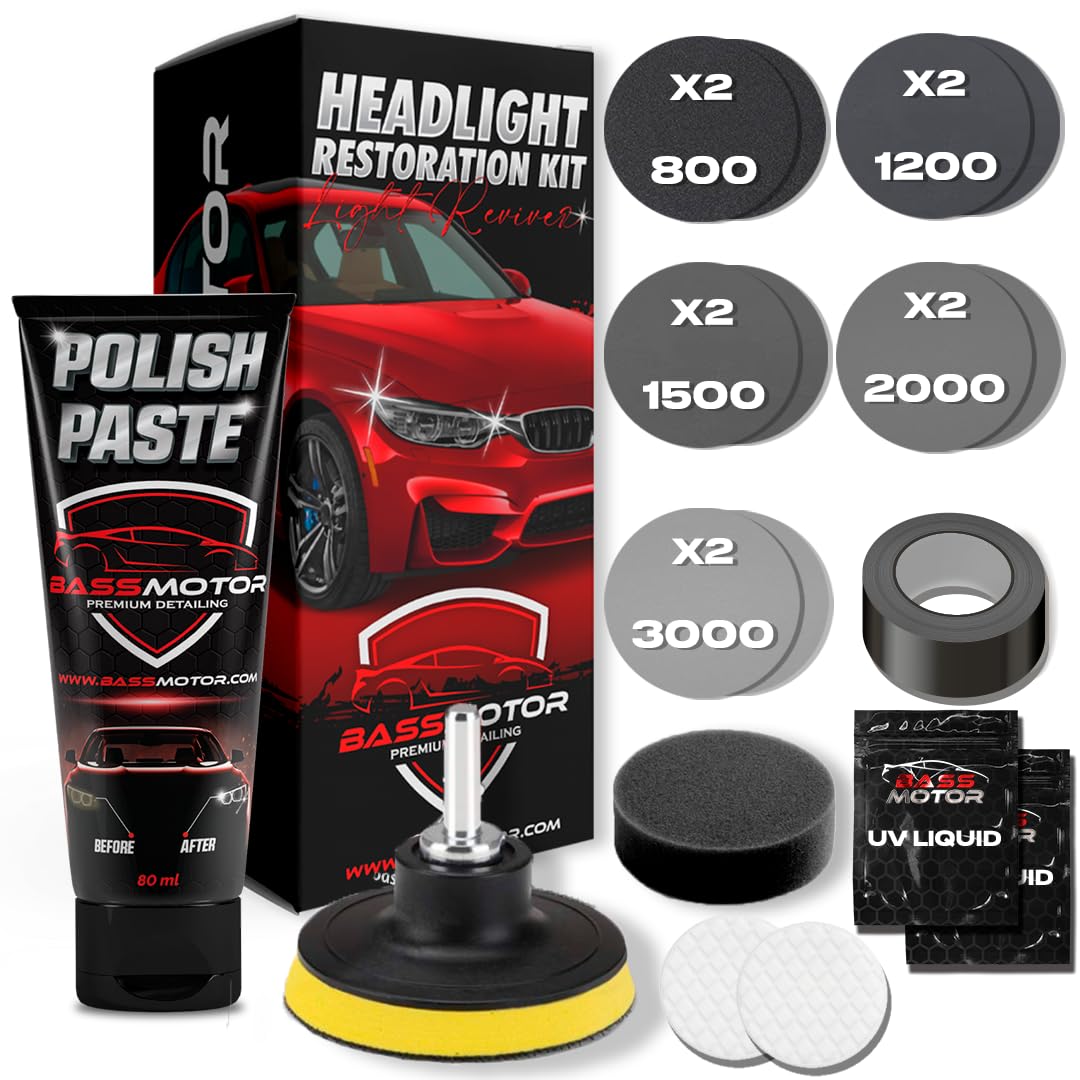 BassMotor Complete Kit for Polishing Dull and Worn Headlights for Car Restoratio