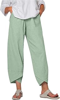 Womens Cotton Linen Capri Pants Casual Elastic Printed Ankle Pants