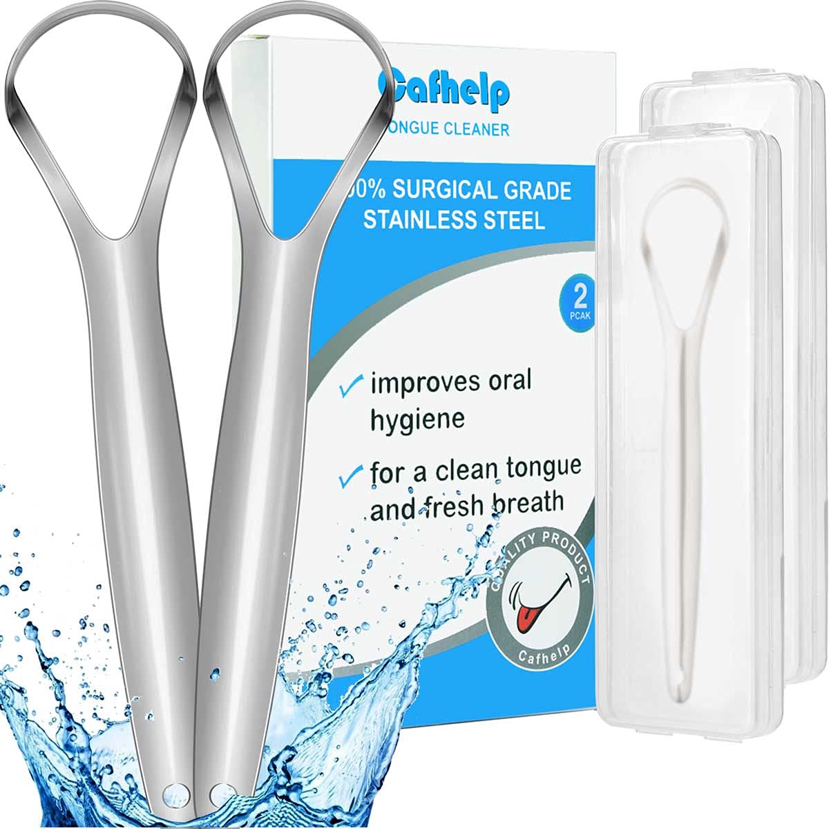 Cafhelp 2-Pack Tongue Scraper, 100% 304 Surgical Stainless Steel Tongue Cleaner 