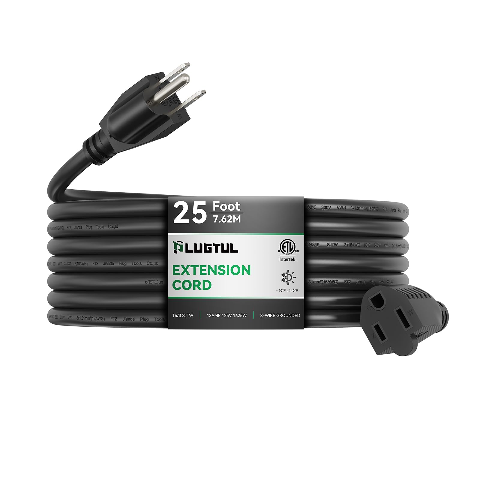 PLUGTUL Outdoor Extension Cord 25 FT | 16/3 Gauge Black Heavy Duty 3 Prong Exten