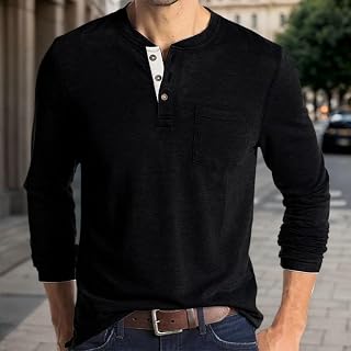 Mens Casual Long Sleeve Cotton Henley Shirt with Pocket