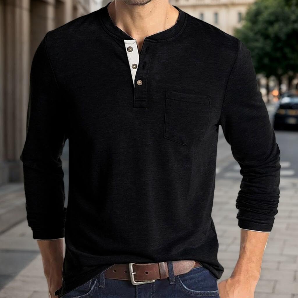 Mens Casual Long Sleeve Cotton Henley Shirt with Pocket