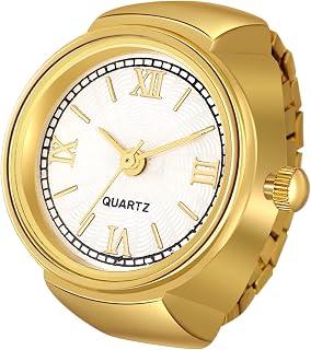 JewelryWe Quartz Finger Ring Watch Stretch Band US Sizes 6-9 Gold-Tone | Quick Time Checks with White Analog Dial and Second Hand for Daily Office Wear And Christmas Gifting; Extra Battery Included