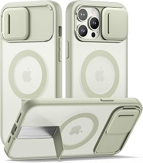 SURITCH for iPhone 13 Pro Max/12 Pro Max Case, Compatible with MagSafe, Built-in Kickstand & Camera Cover & Translucent Back, Shockproof Rugged Protective Phone Cover 6.7 Inch, Green