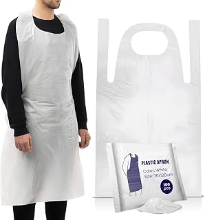 Disposable Aprons White 100 Pack Waterproof Plastic Aprons for Adults | Flat pack polythene aprons, strong and fluid resistant, for catering, cooking, clinics, hospitality, cleaning