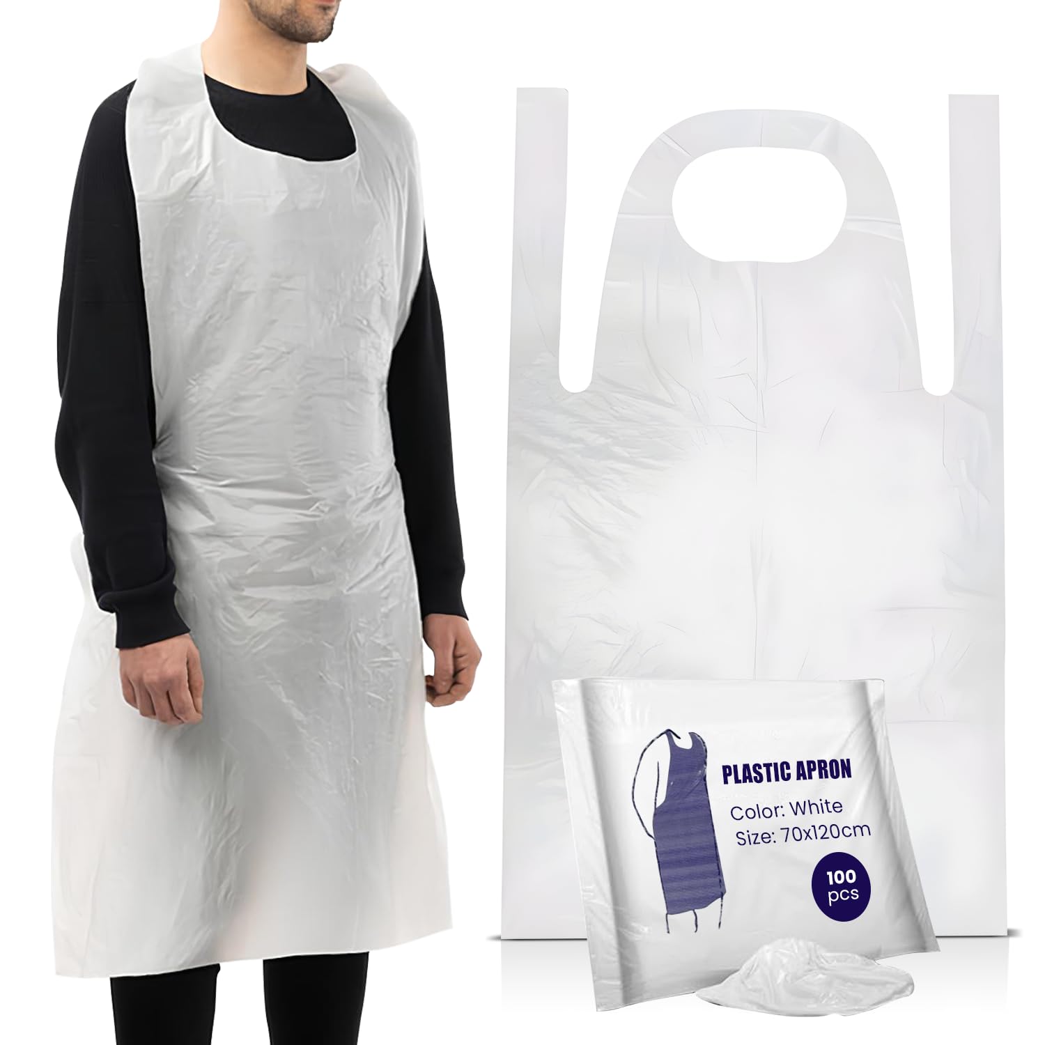 Disposable Aprons White 100 Pack Waterproof Plastic Aprons for Adults | Flat pac