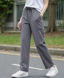 Quick Dry Cargo Pants for Women, Elastic Waist Casual Pants with Zipper Pockets for Casual Sports