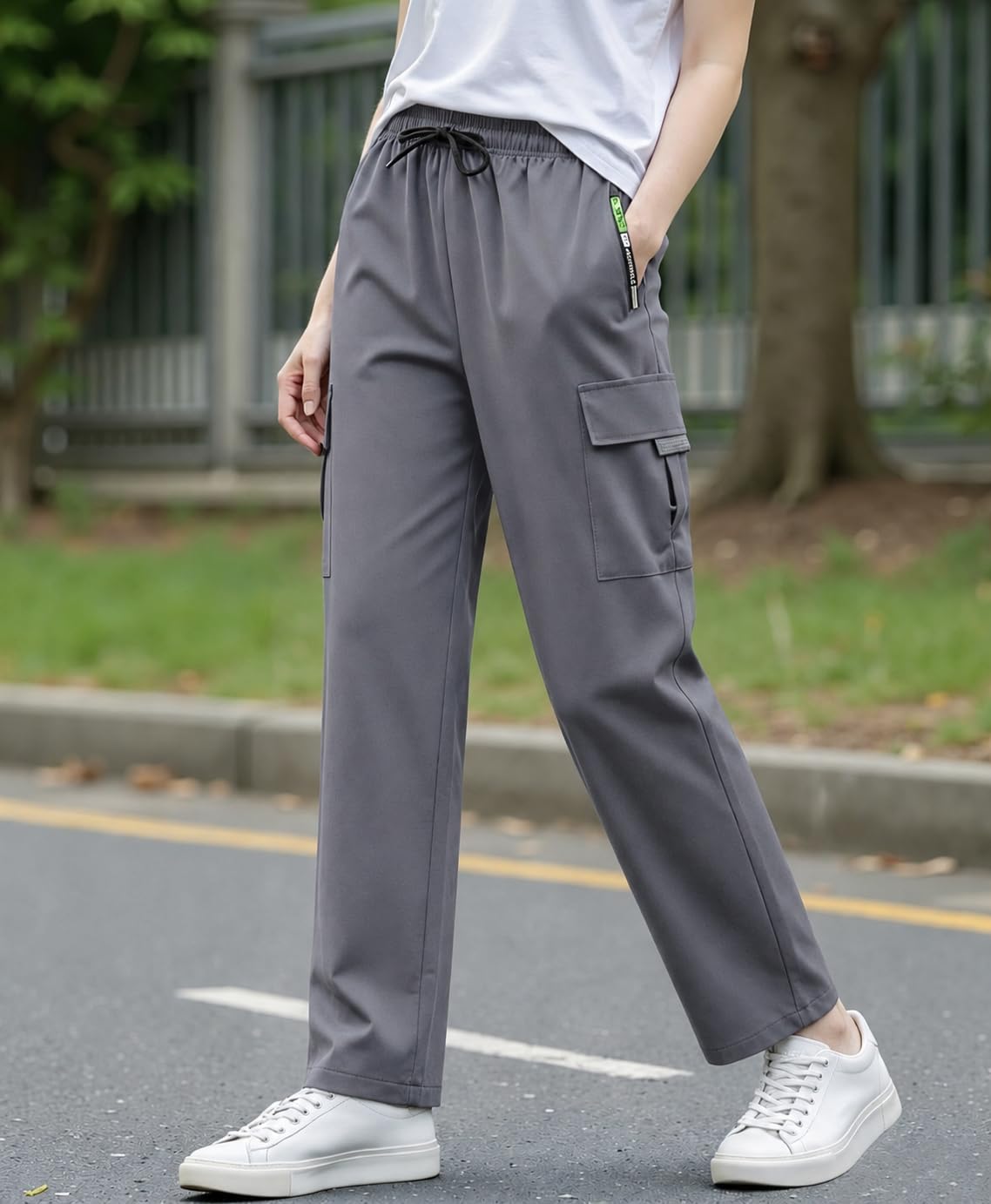 Quick Dry Cargo Pants for Women, Elastic Waist Casual Pants with Zipper Pockets 