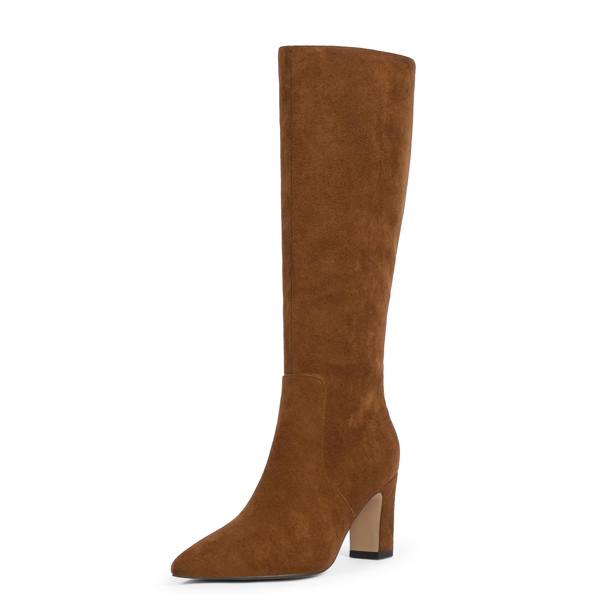VIUGJNEX Kniehohe Stiefel für Damen, 7,6 cm, klobiger Absatz, spitzer Zehenberei