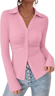 PRETTYGARDEN Womens Button Down Shirts V Neck Collared Ruched Slim Fit Long Sleeve Shirt Casual Fall Fashion Ladies Tops