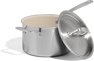Made In Pentole - CeramiClad Non-Stick Saucepan 4 QT with Lid - 5 Layers Coated in Stainless Steel with Stay-Cool Handle - Professional Cookware - Made In Italy - Induction Compatible