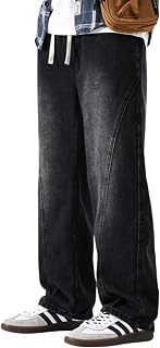 PADOLA Men's Straight Leg Jeans with Elasticated Waist and Drawstring Used Wash Denim Trousers with Side and Back Pockets