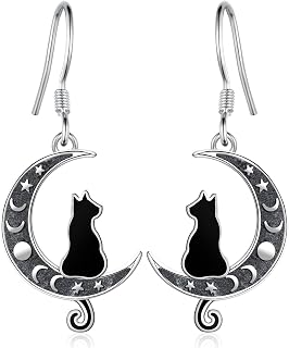Black Cat Earrings 925 Sterling Silver Moon Phase Black Cat Dangle Drop Earrings Gothic Halloween Jewelry Gifts for Women