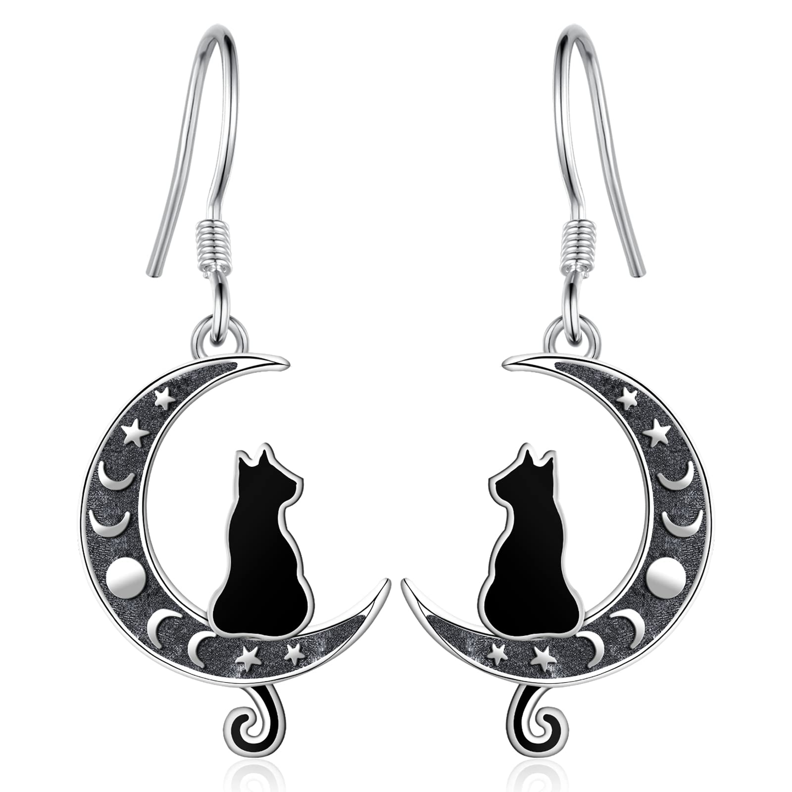 Black Cat Earrings 925 Sterling Silver Moon Phase Black Cat Dangle Drop Earrings