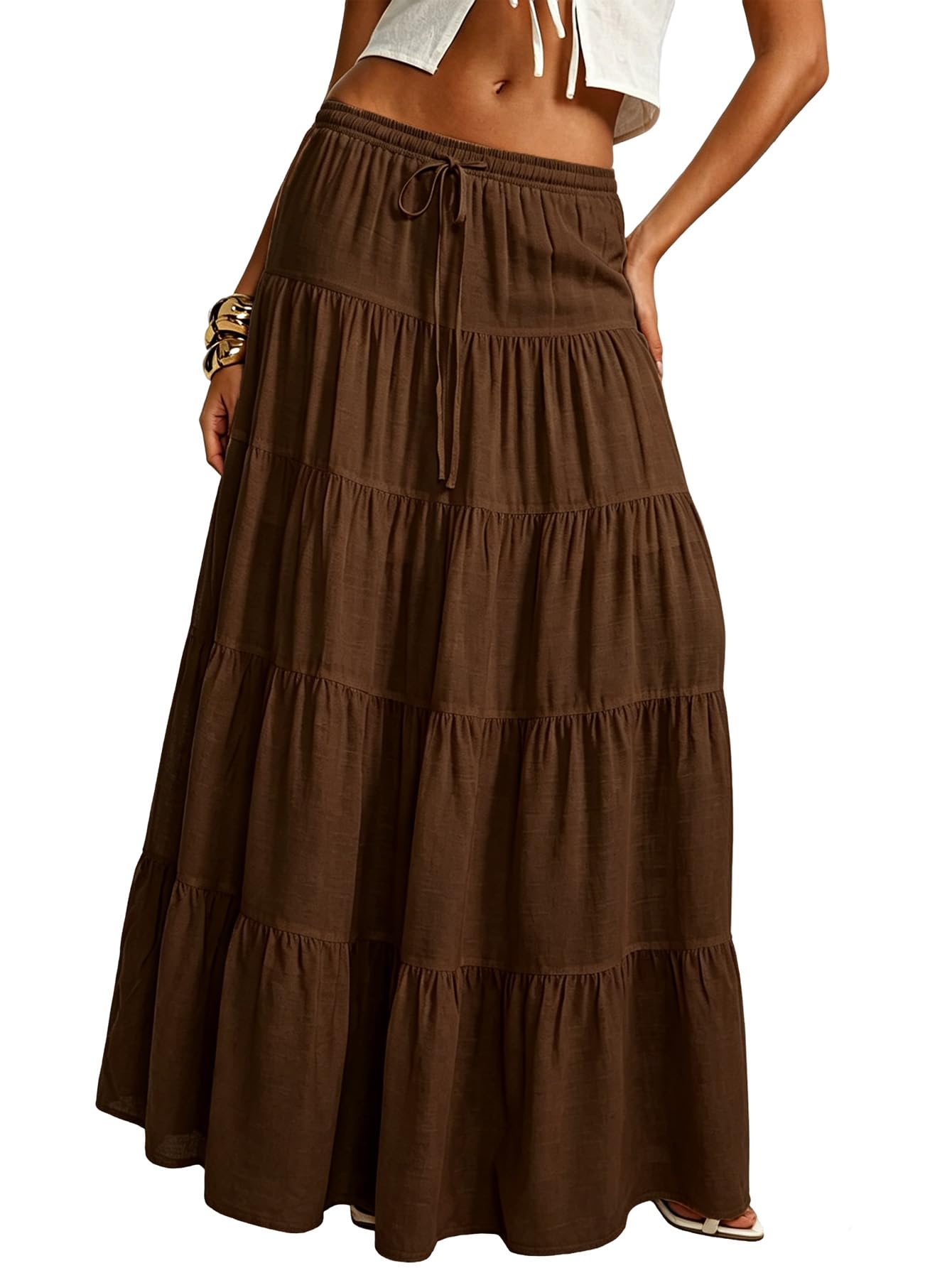 Women's Boho Maxi Skirt Ruffle Flowy Low Rise A Line Beach Long Skirts
