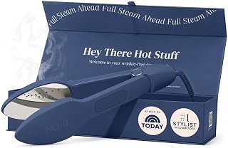 Nori Press Travel Steam Iron - Handheld Iron With 6 Fabric Settings - Navy | Optional steam feature, no ironing board required, removes wrinkles, easy to use, user manual included