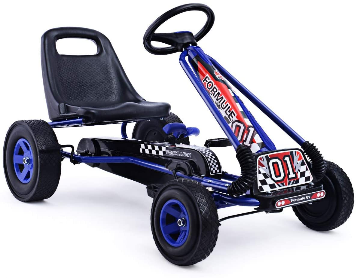 HONEY JOY Go Kart for Kids, 4 Wheel Quad Off-Road Pedal On Foot Go Cart w/Steeri