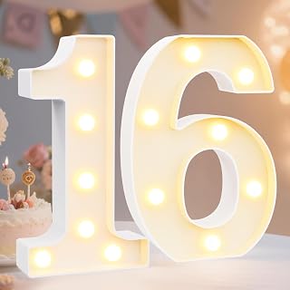 Pooqla Decorative Led Light Up Number Letters, White Plastic Marquee Number Lights Sign 16th Birthday Decorations for Girls Boys Party Wedding Decor Battery Operated Number (16)