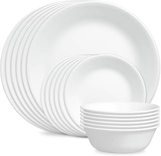 Corelle Vitrelle 18-Piece Service for 6 Dinnerware Set Triple Layer Glass and Chip Resistant, Lightweight Round Plates and Bowls Set, Winter Frost White