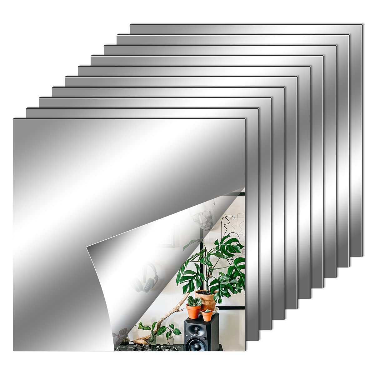 10 Pack Self Adhesive Mirror Tiles, Acrylic Stick on Mirror Stickers | 6 x 6inch