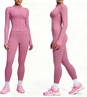 WOMEN'S YOGA 2 PIECE SET: Buttery Soft Long Sleeve Zip Up Top & High Waist Leggings for Home Workout & Outdoor Running