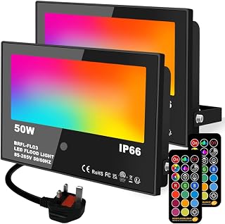 Lighting masters LED Flood Lights Outdoor 50W RGB with Timed Remote Control | Colour Changing，DIY Mode，Garden lights，IP66 Waterproof，UK 3-Plug，For Halloween - Christmas (2 Pack)