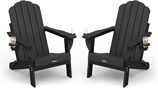 Eesdom Folding Adirondack Chair Set of 2, All-Weather HDPE Plastic Patio Chair with 2 Cup Holders, Wooden Textured Lawn Chair, Perfect for Fire Pit,Black