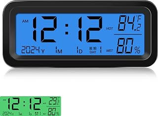 Timloon Car Dashboard Clock with Automatic Backlight at Night(Green &amp; Blue), Temperature and Humidity Monitor, 12/24 Hour Format Time, Calendar, Solar Power and Type C Cable Charging for Car Truck