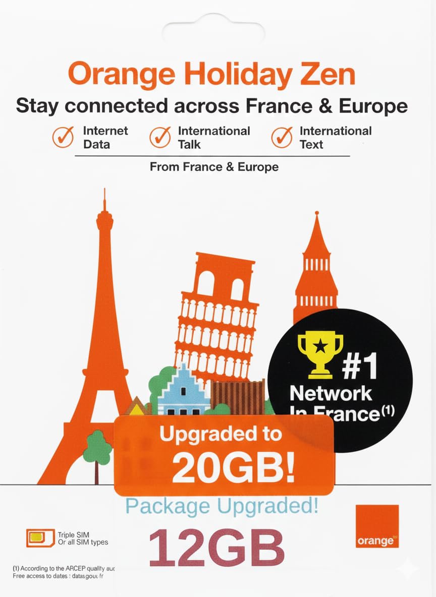 20GB 30 Day Orange Europe SIM Card, 30 Minutes Calls+200 Texts to Worldwide. Fre