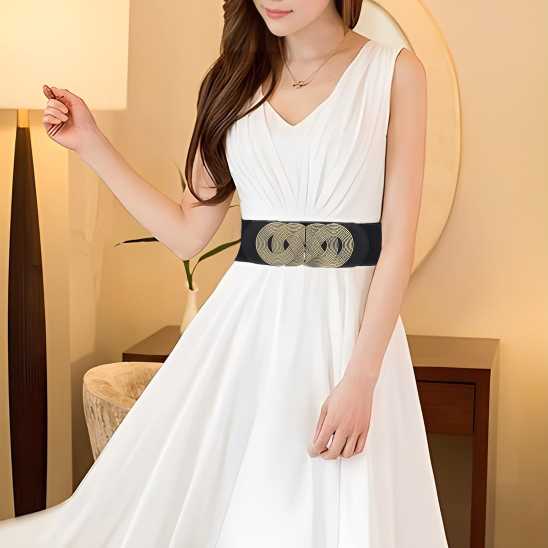 Women Elastic Belt Wide Waist Square Buckle