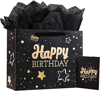 Powbrace 13" Birthday Gift Bag with Tissue Paper & Card(1 Pack Black Gold) | Foil Stamping Gift Bags, Starry Sky Gift Bags, Happy Birthday Gift Bag for Men Women,Gift Bag Medium size