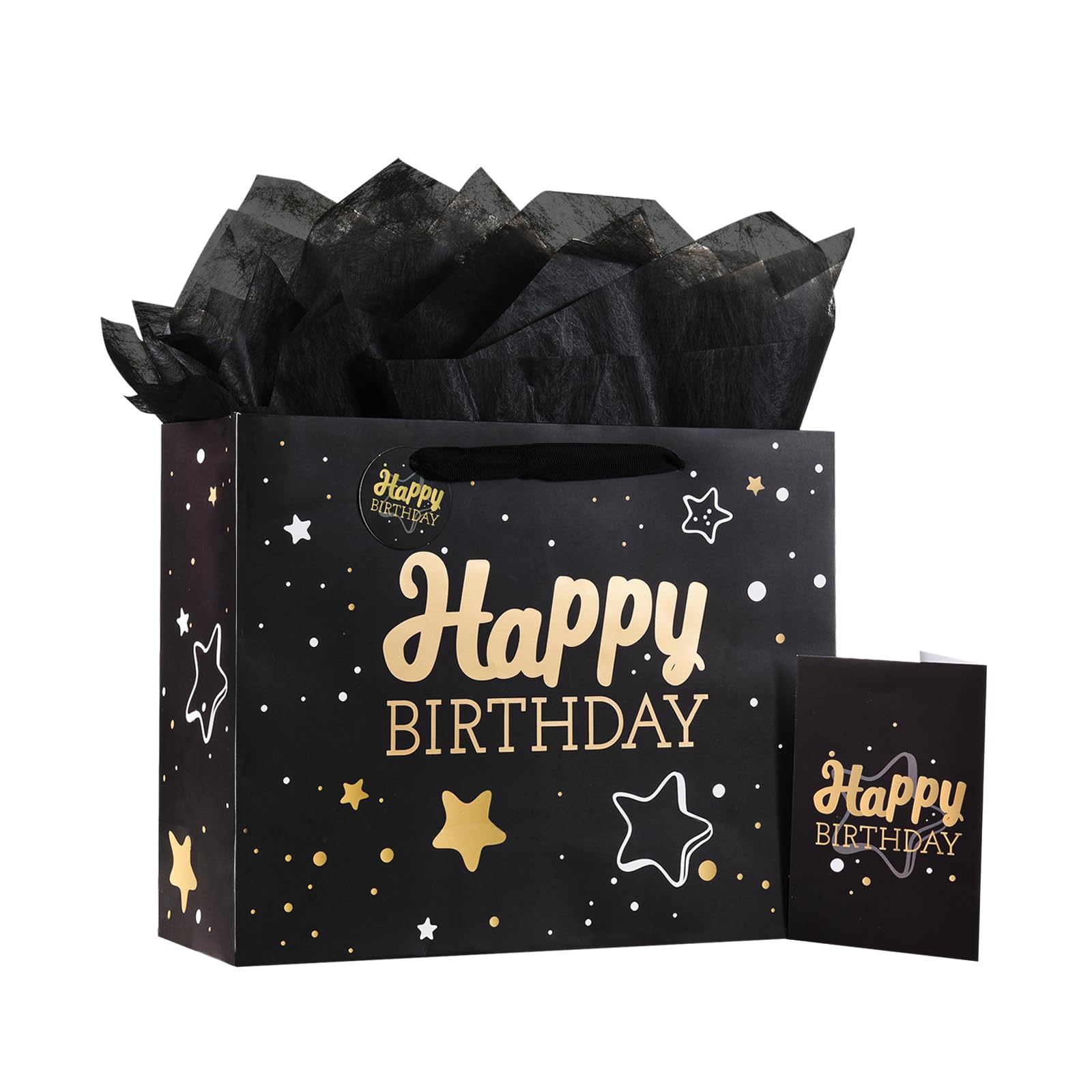 Powbrace 13" Birthday Gift Bag with Tissue Paper & Card(1 Pack Black Gold) | Foi