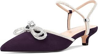 Womens Close Toe Rhinestone Bow Kitten Heels Pointed Toe Low Heel Bow Pumps Adjustable Ankle Strap Bridal Prom Wedding Dress Shoes