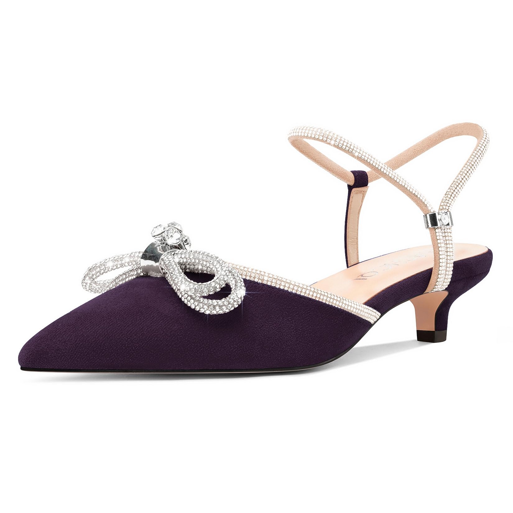 Womens Close Toe Rhinestone Bow Kitten Heels Pointed Toe Low Heel Bow Pumps Adju