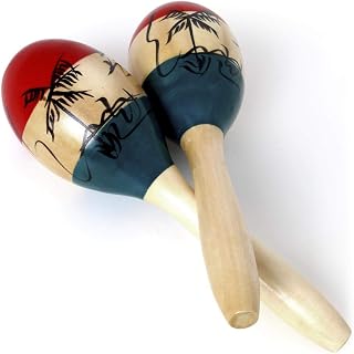 iGadgitz Xtra U7130 Pair of Adult Full Size Painted Elm Wood Maracas - Wood Colour, Green, Red and Black Motif