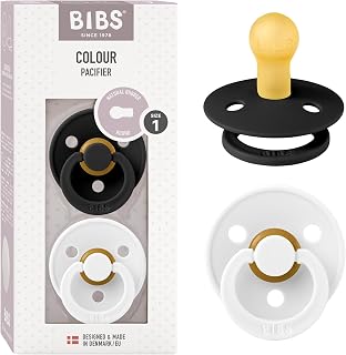 BIBS Colour Soother 2-Pack, BPA Free Dummy Pacifier, Round Nipple. Natural Rubber Latex, Size 1 (0-6 Months), Black/White