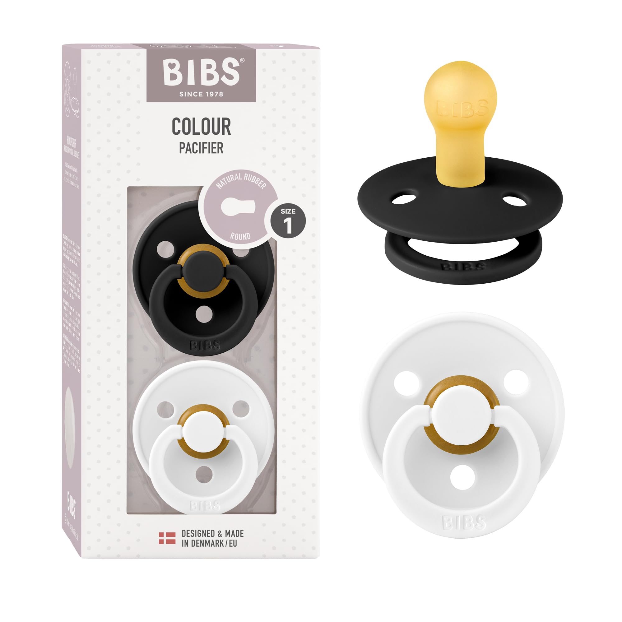 BIBS Colour Soother 2-Pack, BPA Free Dummy Pacifier, Round Nipple. Natural Rubbe