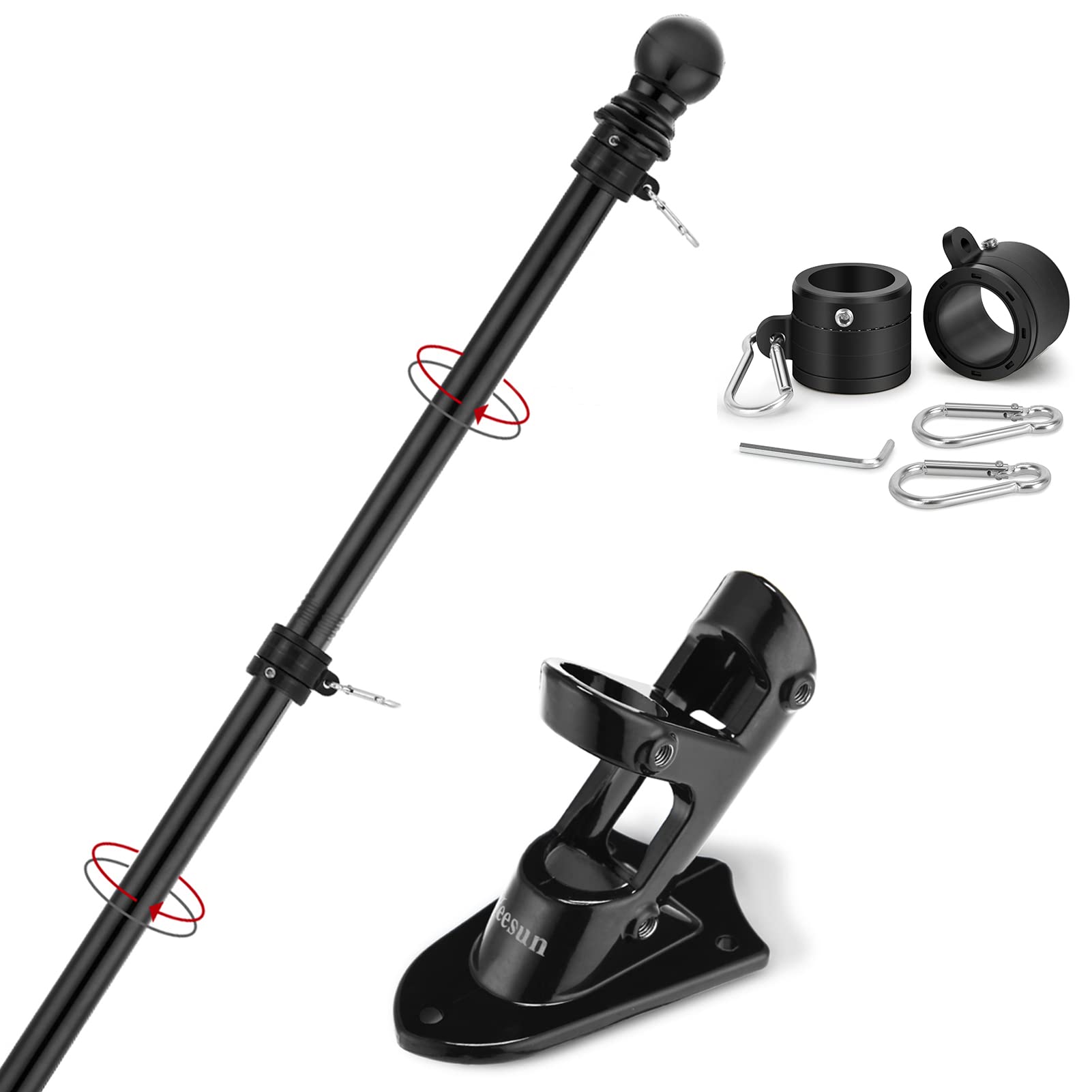 Yeesun 6FT Flag Pole for Outside House, Bracket, Tangle-Free Rings,Black | Wall-