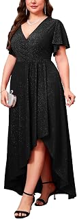 ZOMVA Plus Size 1X-4X Sparkly Glitter Formal Maxi A Line Dress Sparkle Wrap Ruffle Sleeve Prom Dresses Cocktail Evening Gown