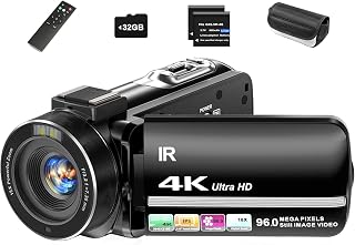 Aidzhi 4K Video Camera Camcorder 96MP UHD Vlogging Camera for YouTube 18X Digital Zoom 3.0 IPS 270° Rotation Touch Screen Video Recorder with Remote Control, Night Vision, 32GB Card, 2 Batteries
